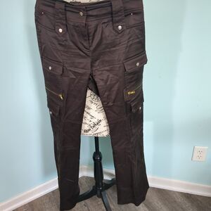 Cashe Cashe Womens 6 Brown Wide Leg Cargo Pants Low Rise Satin Dark Wash Y2K